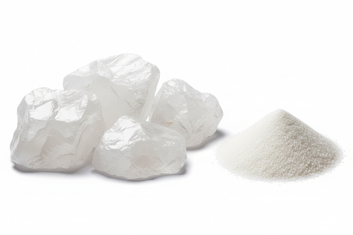 Quartz: "High Silica Content (99.5%). Available in lumps and grains."